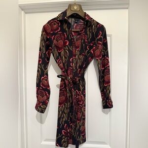 Ann Taylor Floral Black, Red & Olive Green Women's Perite Dress